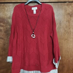 Alfred Dunner Red Sweater With Faux Shirt And Necklace